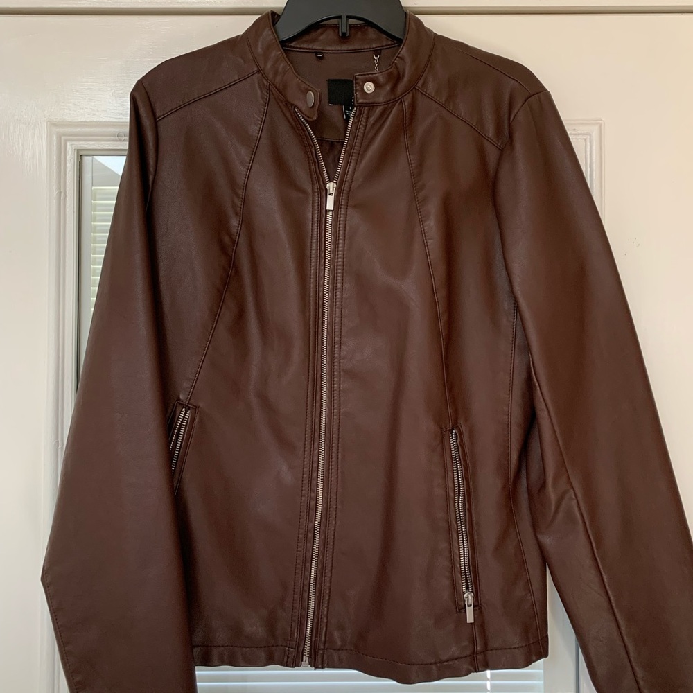 Imitation leather moto-style jacket. Chocolate brown with silver accents. Size L